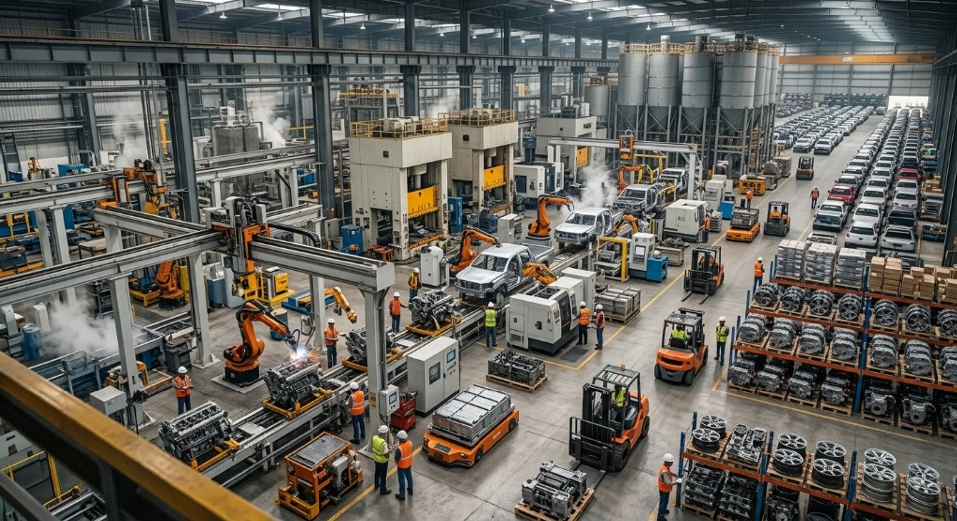 Factory assembly line with workers at production benches assembling components