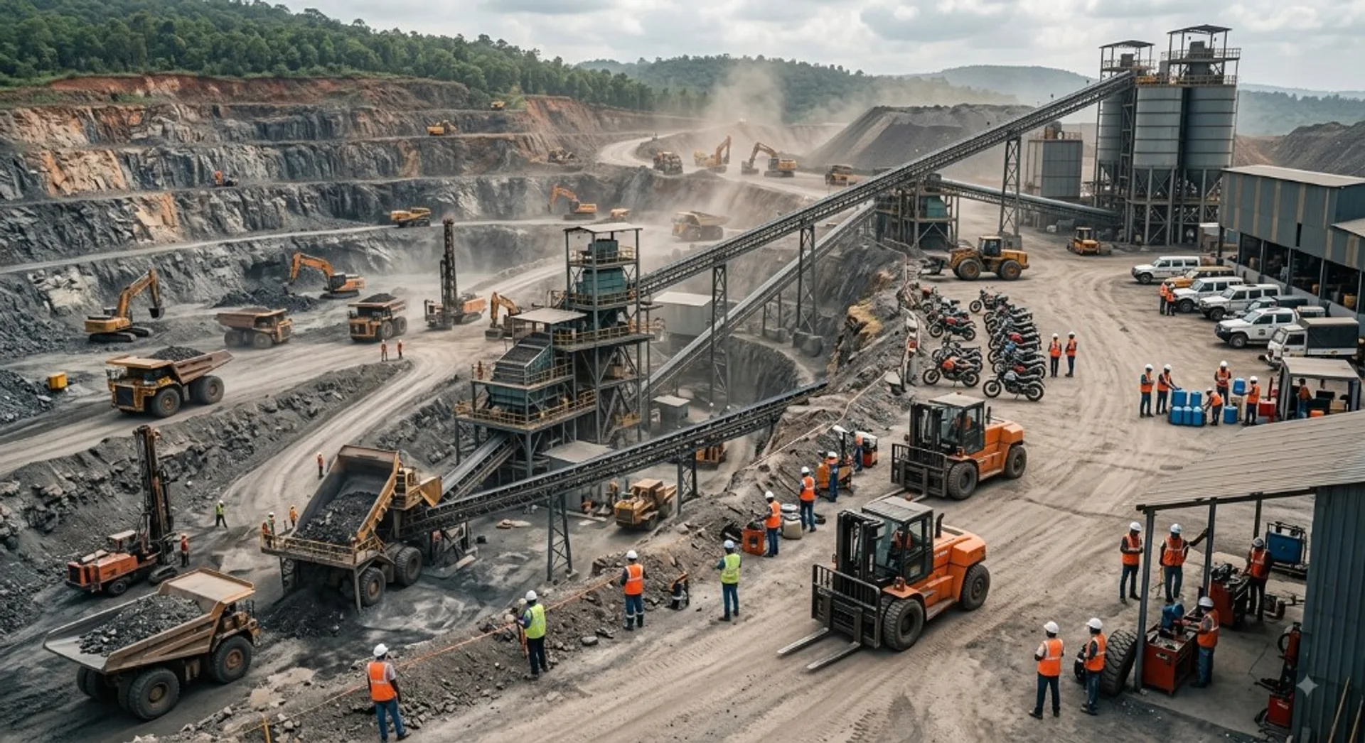 Open-pit mining operation with haul trucks, excavators and workers on shift