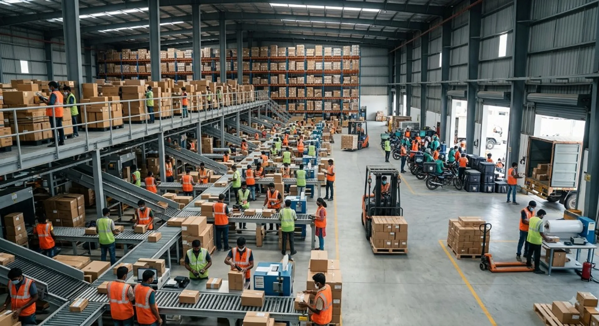 Large fulfillment warehouse with workers sorting packages on conveyor belts and loading delivery vehicles
